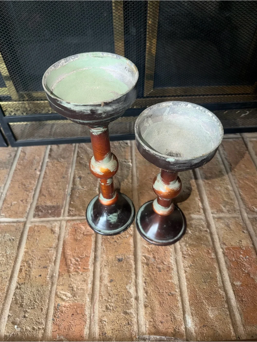 Rustic Distressed Brown & Turquoise Candle Holders - Home Accents